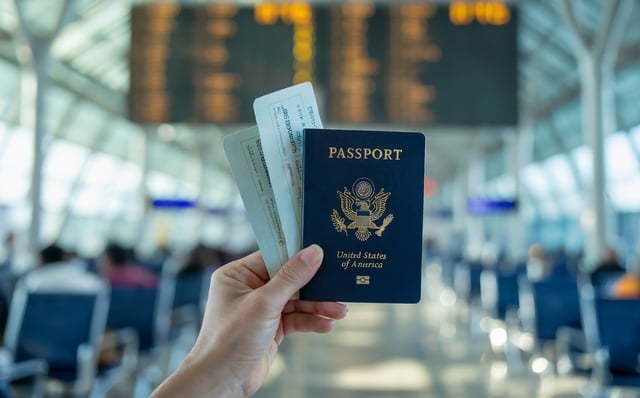 Female hand holding passport and boarding pass in airport terminal