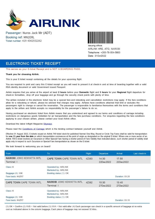 Round Trip Flight Ticket For South Africa