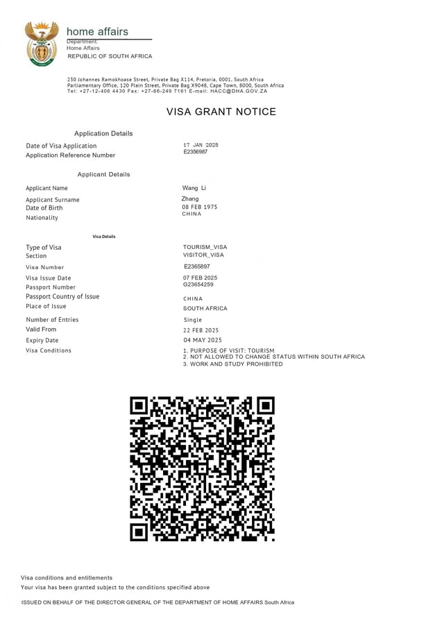 Sample of Approved South Africa eVisa