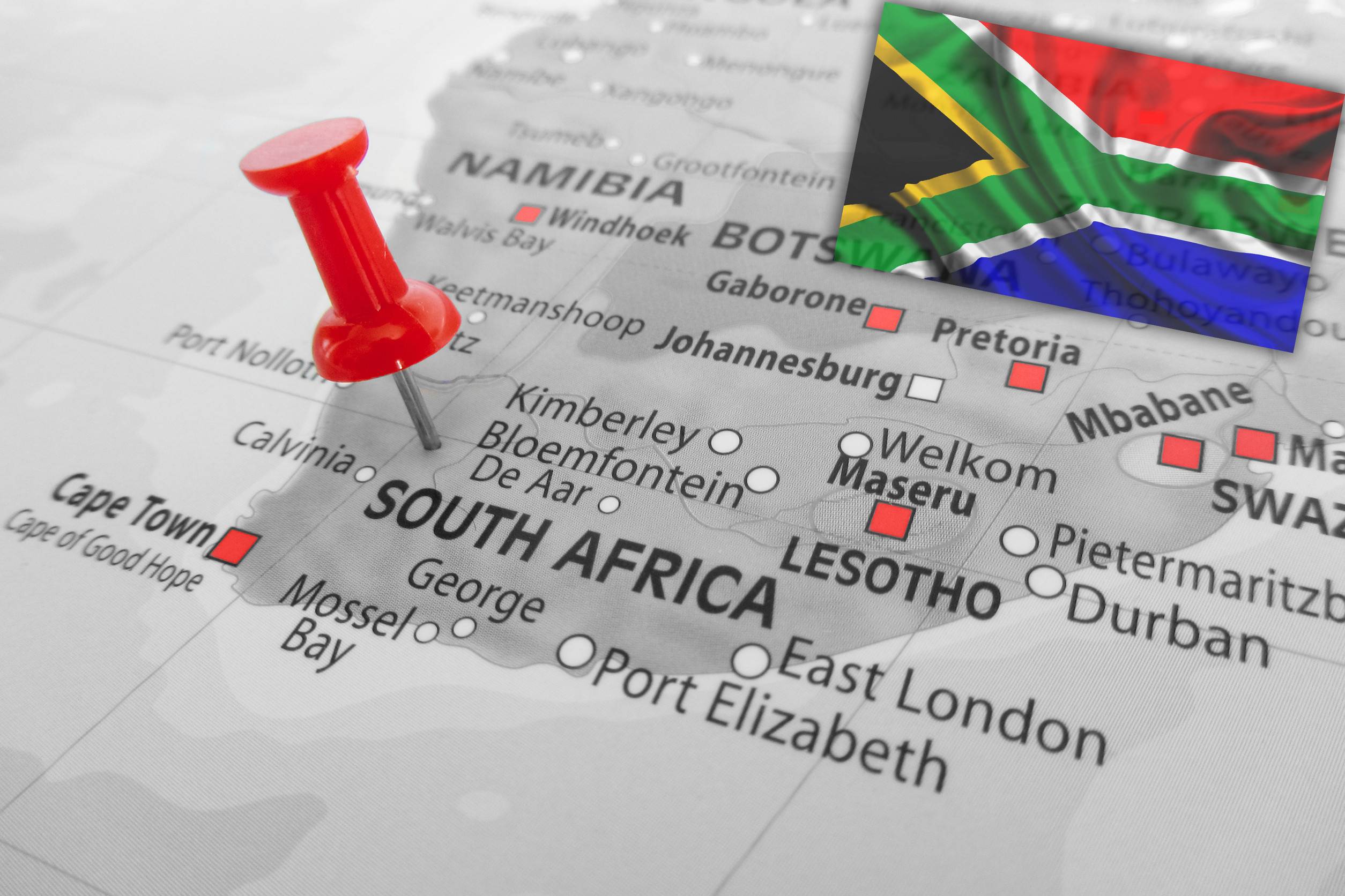 South Africa is pinpointed with a red marker South Africa is pinpointed with a red marker