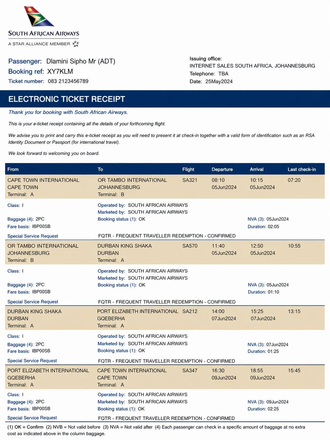 South African Airlines Sample Booking Confirmation