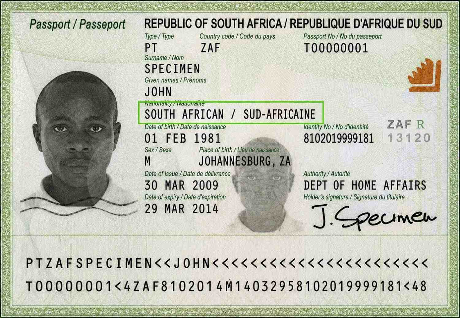 South African Passport Bio Page