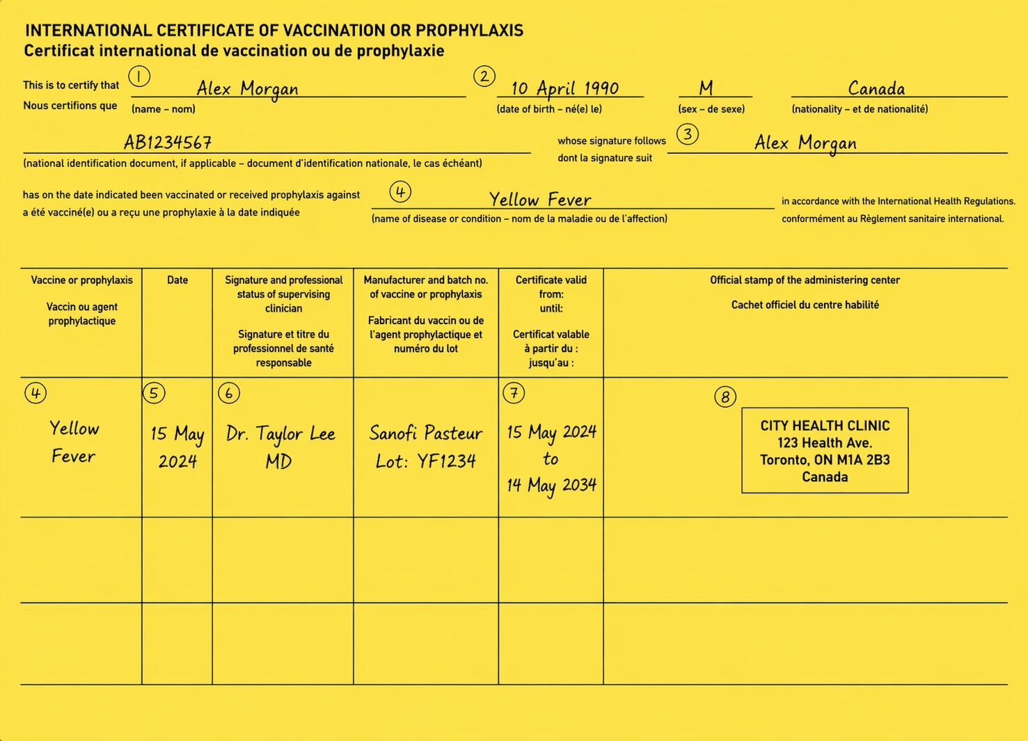 Yellow Fever Vaccination Card Sample